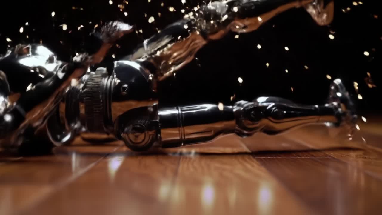 A Futuristic Exploration of Robotics: From Dynamic Movement to Mechanical Collapse Captured in Two Striking Frames of a Silver Automaton in Motion