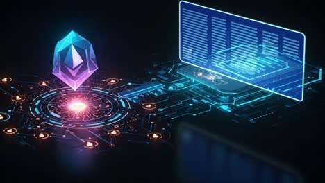 a vibrant digital crystal hovering above a futuristic technological composition with circuitry, data streams, and a glowing center, signifying innovation and advancement