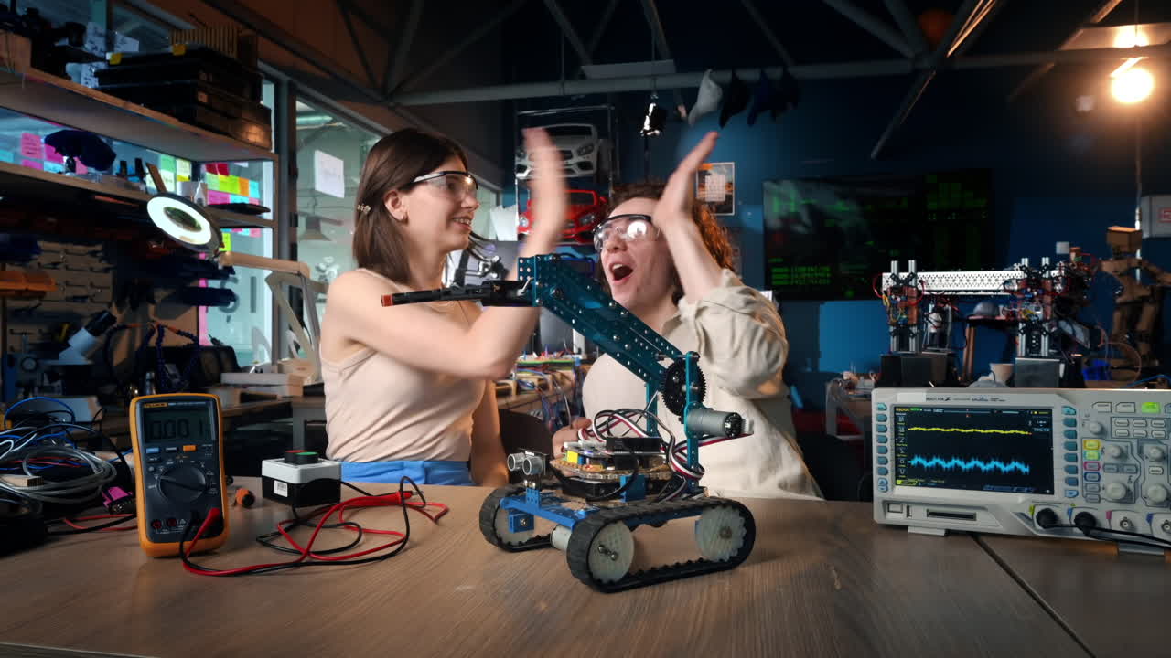 Young man and woman in protective glasses doing experiments in robotics in a laboratory. Robot and tools on the table. Slow motion