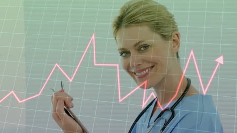 animation of diagram over caucasian female doctor holding clipboard
