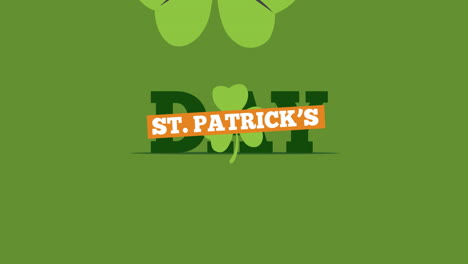 animation of happy st patrick's day text with clover leaves on green background