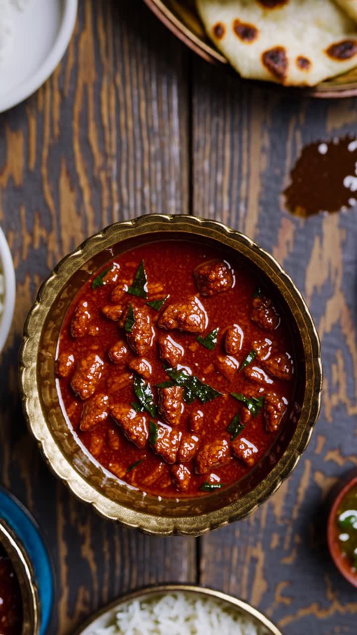 Delizioso curry indiano, pane Naan e riso su un tavolo di legno.