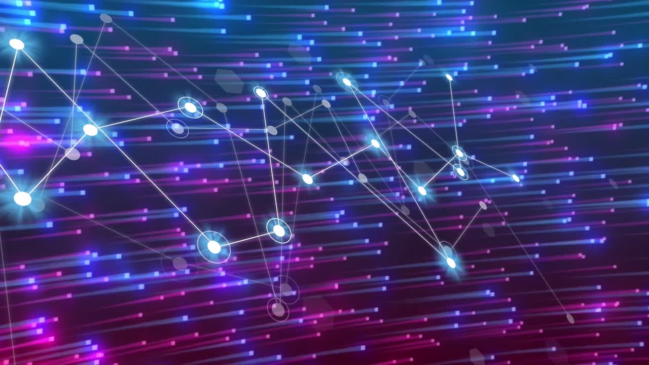 animación de una red blanca brillante de conexiones sobre luces azules y púrpuras sobre un fondo oscuro