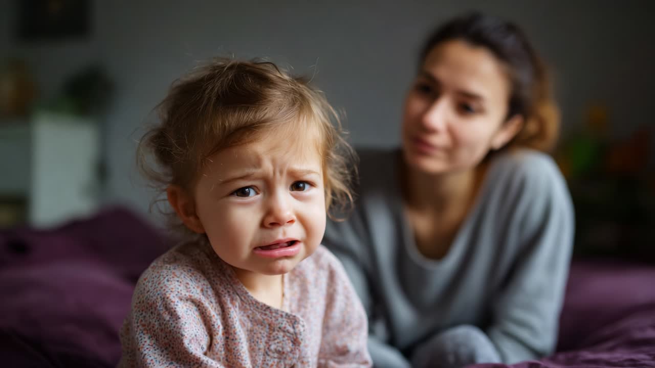 A tender yet challenging moment captured in a serene indoor setting, where a small child appears distressed while a caring adult looks on with empathy, highlighting the complexities of childhood emotions and parental support