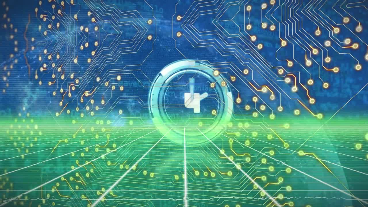 컴퓨터 회로판의 애니메이션 스 ⁇  스캐닝과 파란색 배경의 데이터 처리