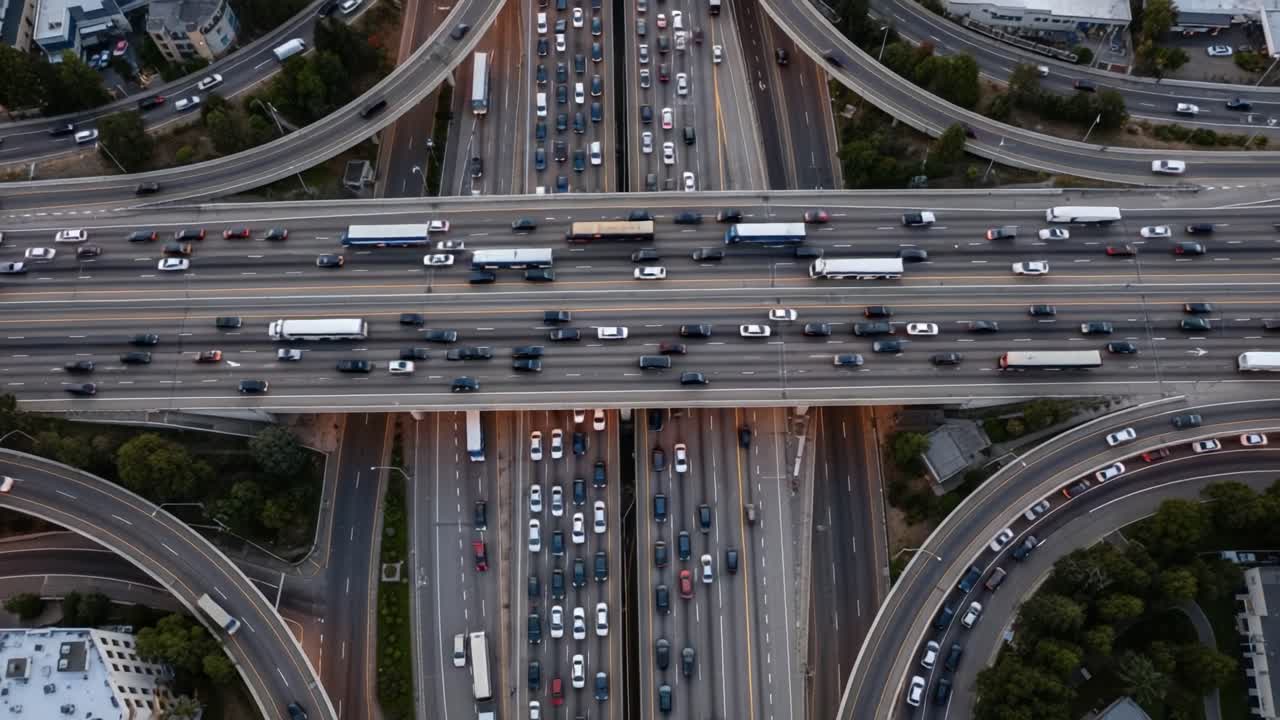Aerial View of a Busy Highway Interchange at Dusk