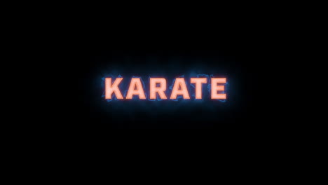 A-short-high-quality-motion-graphic-typographic-reveal-of-the-words-"karate"-with-various-colour-options-on-a-black-background,-animated-in-and-animated-out-with-electric,-misty-elements