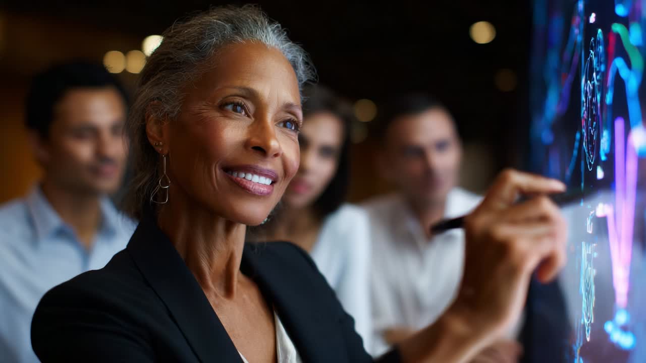 A confident woman engages an audience with captivating visuals as she demonstrates her expertise, utilizing advanced technology in a collaborative and innovative environment, showcasing leadership and inspiration