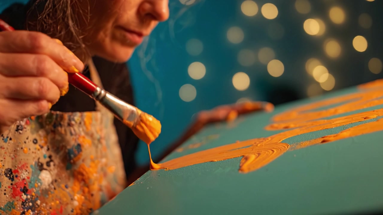 Expressão Artística: Um Close-Up de um Pintor Aplicando Tinta Amarela Vibrante a uma Tela com Fundo Bokeh e Detalhe Focado na Técnica de Pincelada