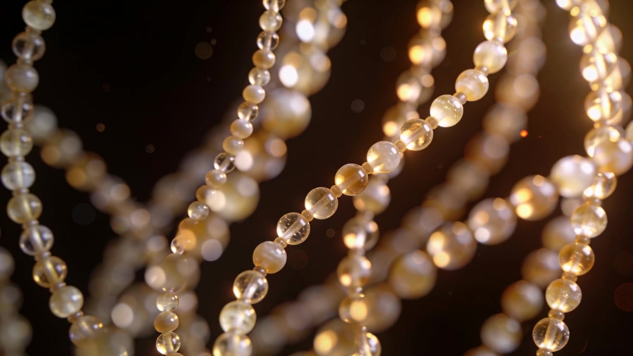 Perline dorate che ondeggiano su filamenti, rivelando profondità in studio mentre la telecamera si sposta, mostrando un bokeh caldo.