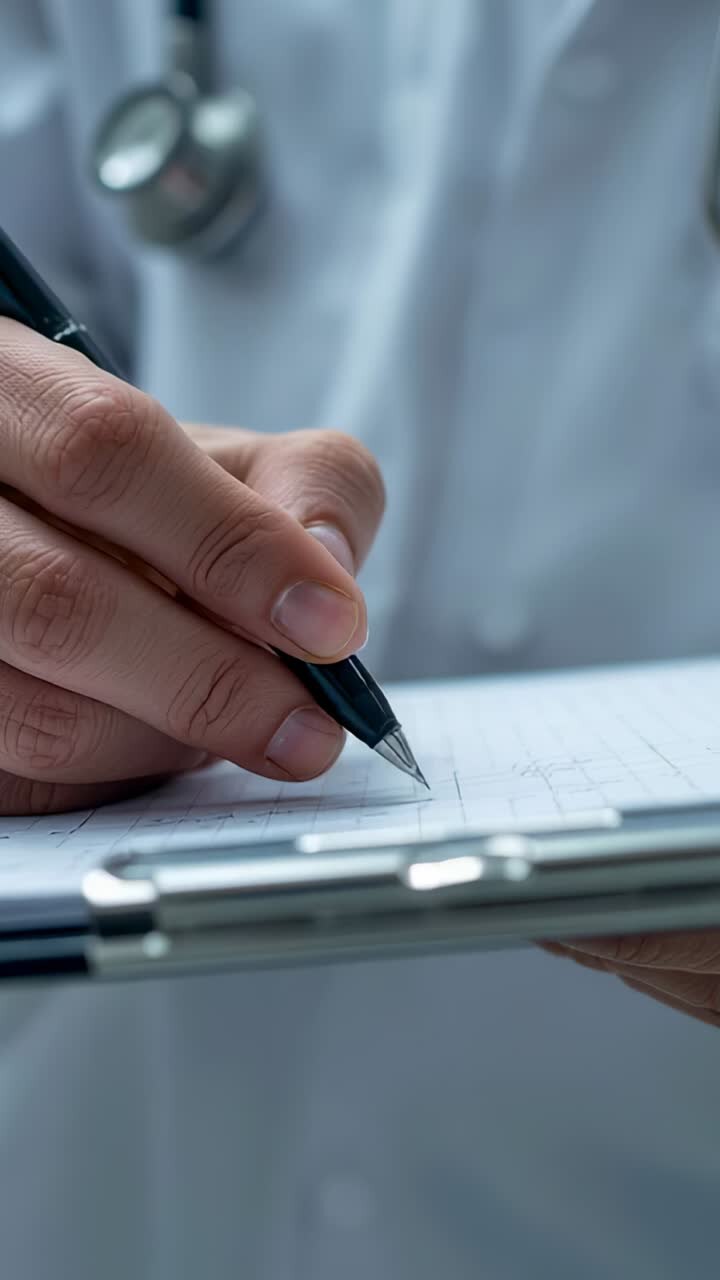 Vertical video: Writing Dr recording exam at clinic wearing lab coat and stethoscope with clipboard