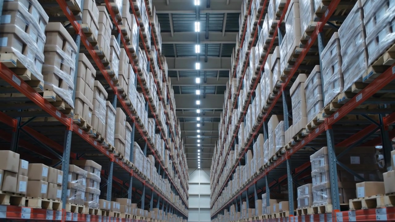 Operator pushing camera, tracking central aisle moving forward in warehouse, showing pallets