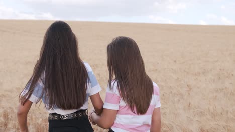 two female friends holding hands and enjoying the day while walking together in a wheat field.