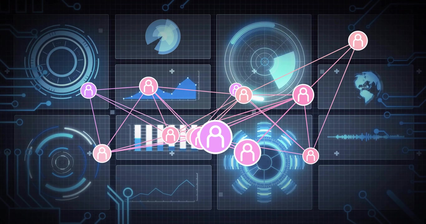 Digital interface with network of connections and data processing animation displayed