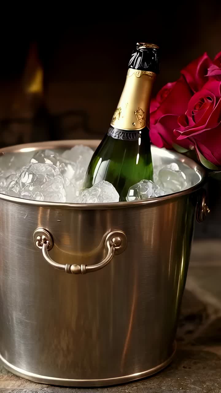 Video verticale: panning della camera, bottiglia di champagne in un secchiello del ghiaccio sul bancone per un brindisi, con rose