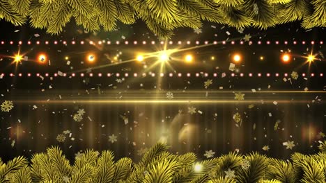 animation of falling white snowflakes with a row of twinkling spotlights and christmas tree border