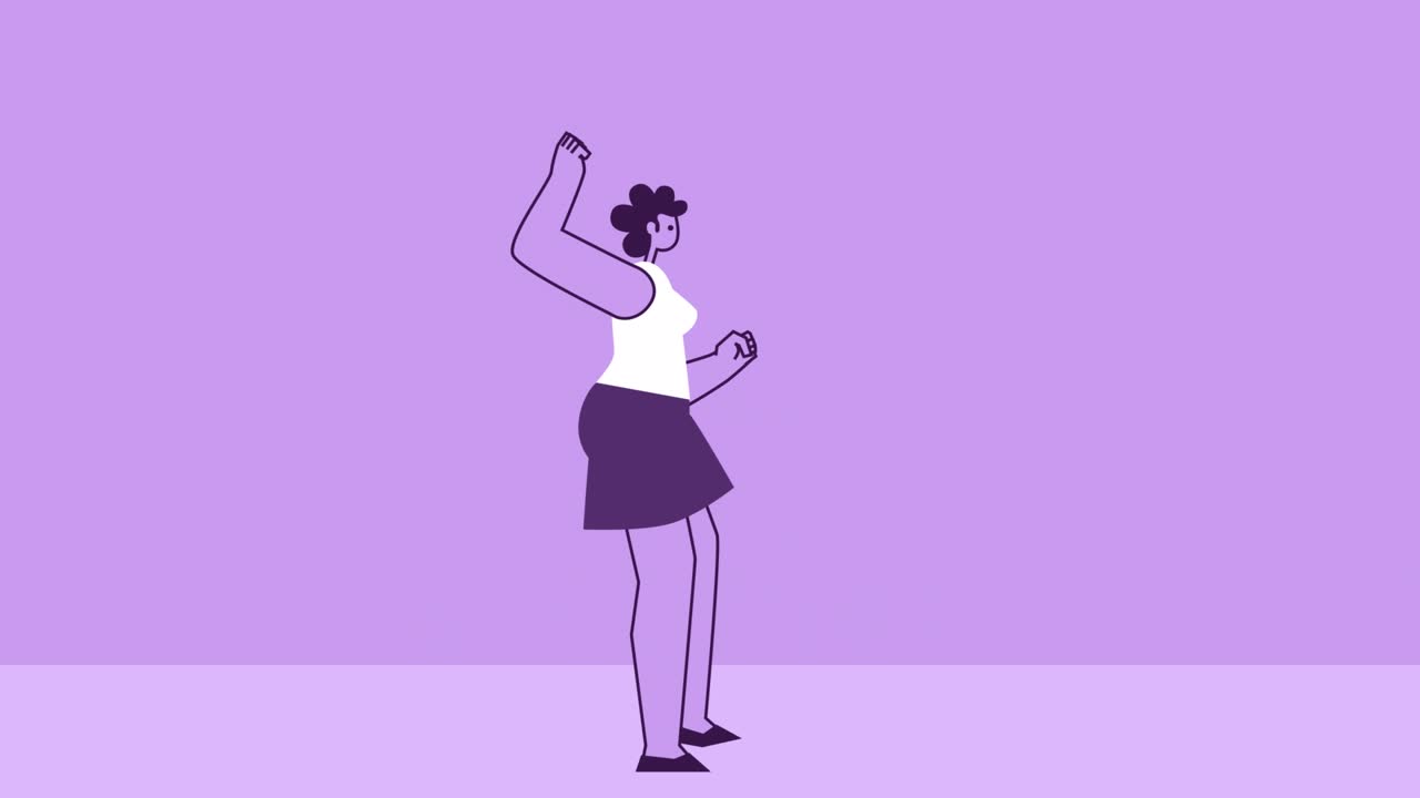 mujer de estilo púrpura personaje plano feliz saltando hurra. animación de bucle aislado con canal alfa
