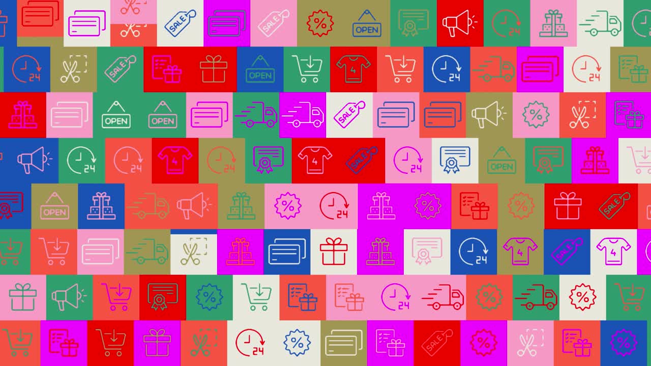 venta de viernes negro. fondo. patrón sin costuras. animación de mosaico de bucle. pancarta o telón de fondo con iconos multicolores que parpadean, logotipos o ilustraciones