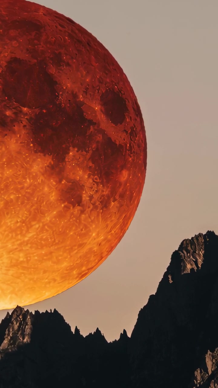Vertical video: Zooming camera capturing rising reddish moon over jagged ridge, revealing craters
