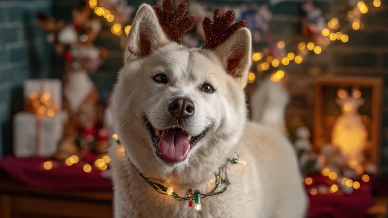 Joyful Holiday Spirit: An Adorable Dog with Reindeer Antlers and Twinkling Lights Bringing Cheer and Warmth to a Festive Celebration