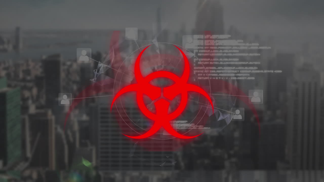 도시 풍경 위의 비상 표지판의 애니메이션