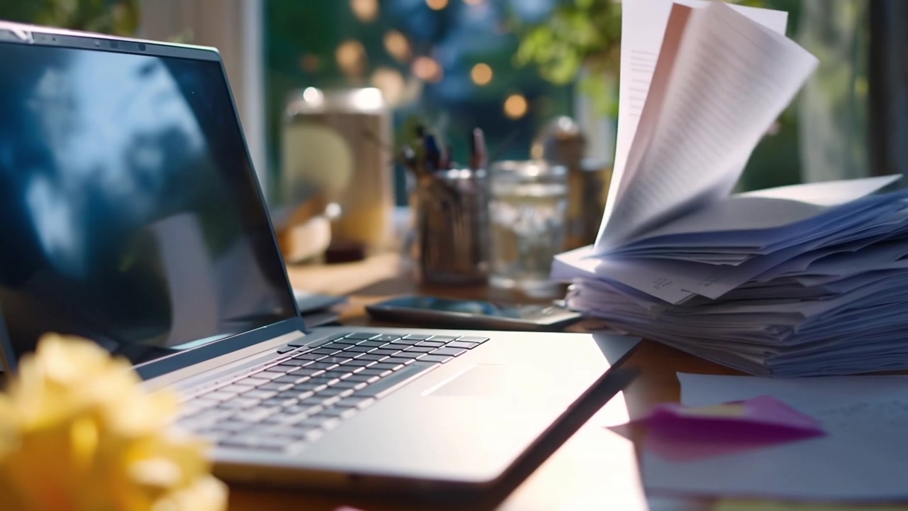 Papers Blowing on a Home Office Desk with Laptop