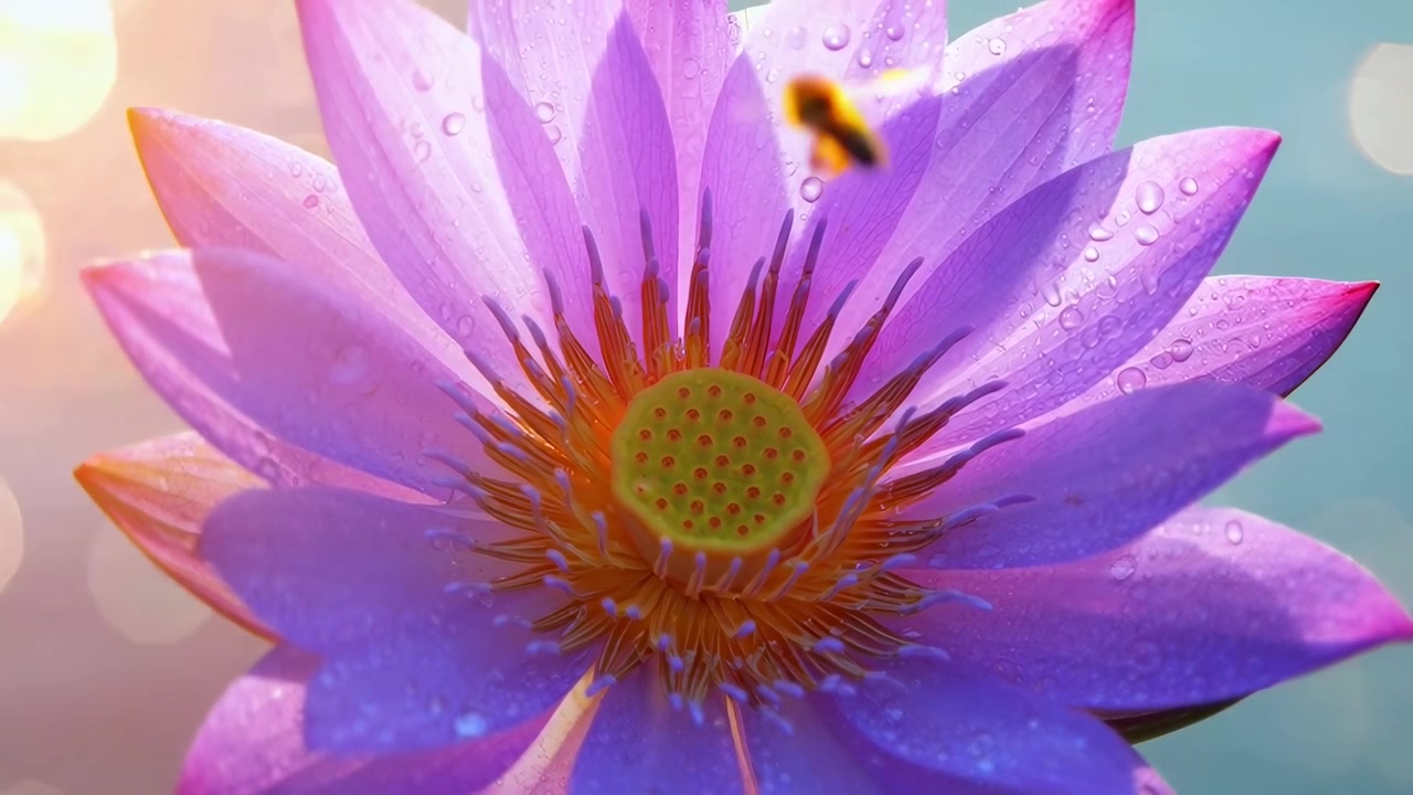 Primo piano di un'ape che impollina un vivace fiore di loto viola