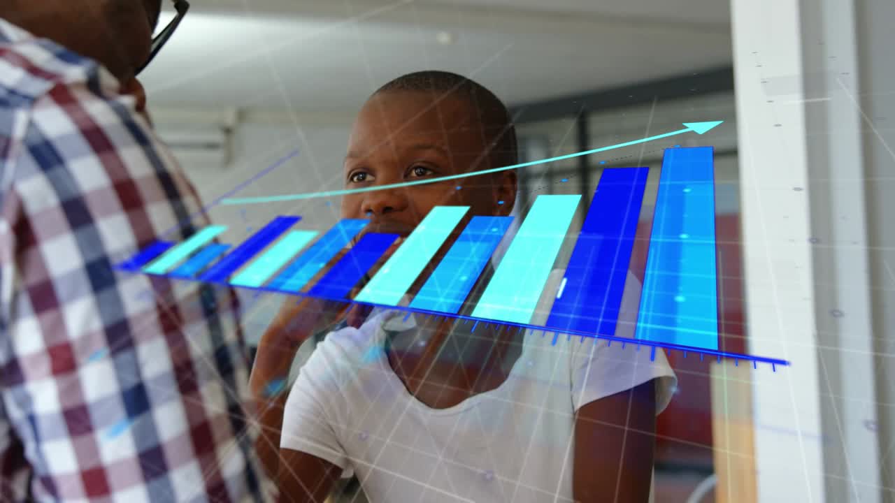 African American colleagues, woman in white T-shirt watching 3D bar-chart on glass, discussing data