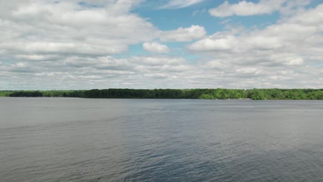 Drone-view-of-green-forest-on-the-shore-of-the-lake