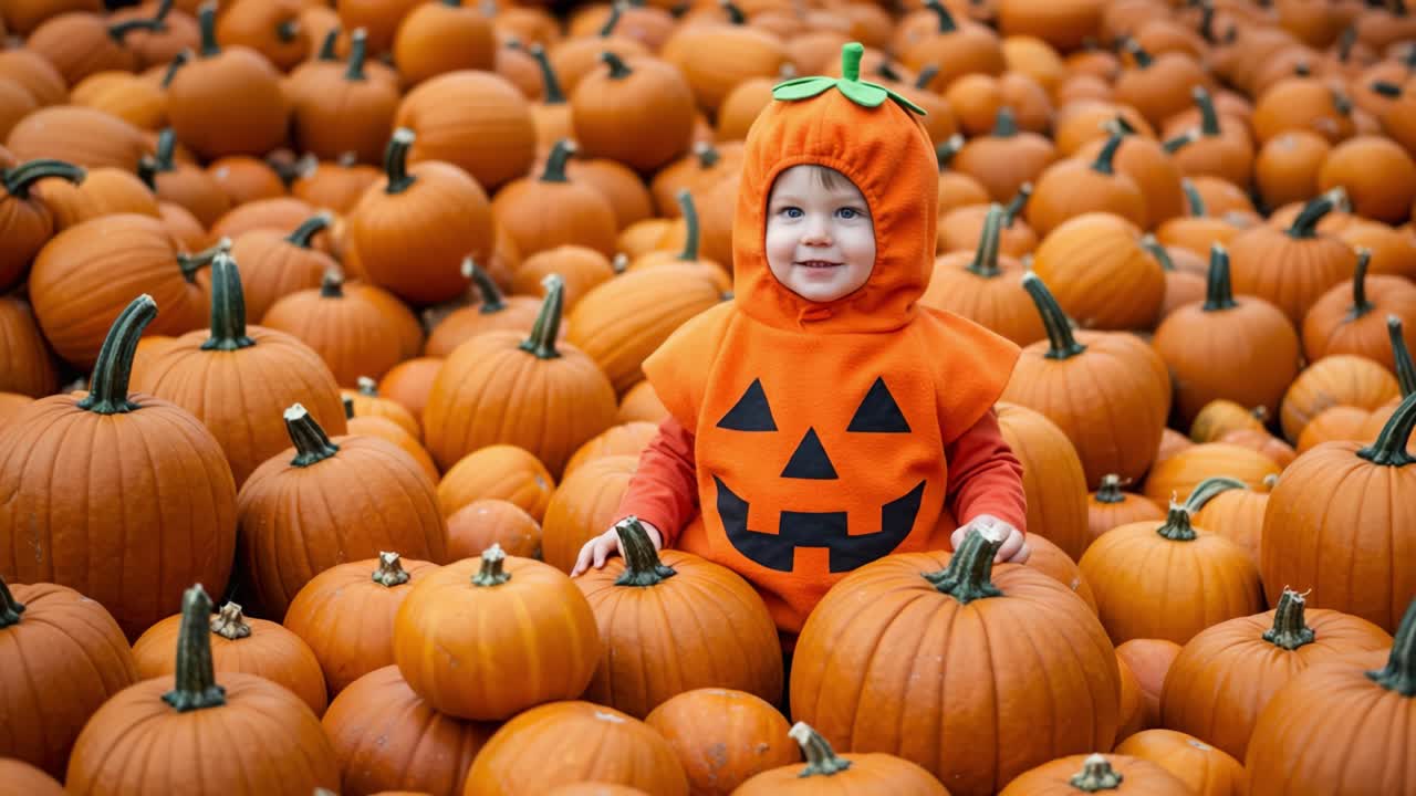 A Cheerful Child Dressed as a Pumpkin Amidst a Sea of Vibrant Orange Pumpkins in a Rustic Autumn Setting, Perfect for Celebrating Halloween Spirit and Fun