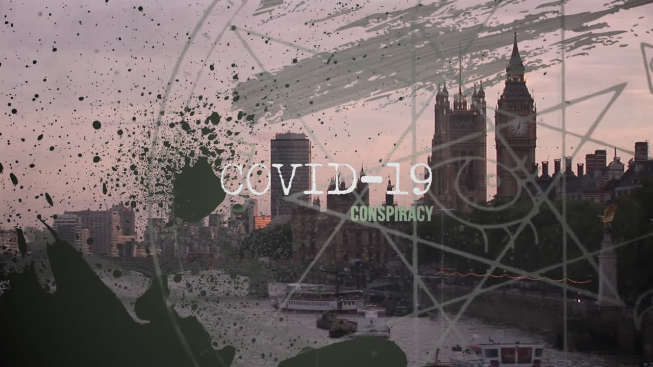 도시 풍경 위의 그래픽과 함께 코로나 19 텍스트의 애니메이션