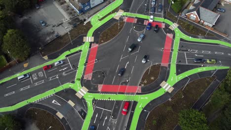 Aerial-view-circling-over-vehicles-driving-St-Helens-CYCLOPS-traffic-optimisation-junction-crossroad-intersection