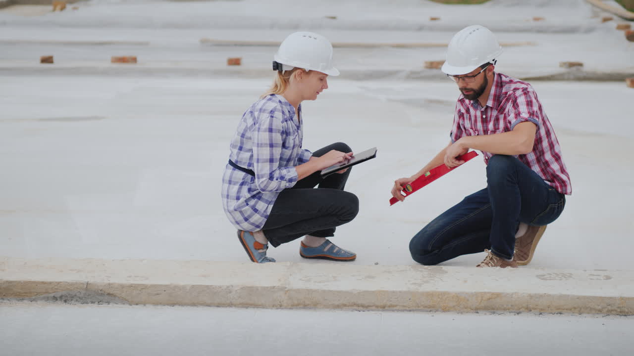 el equipo de control de calidad verifica la precisión de los cimientos y el sótano del video 4k del edificio