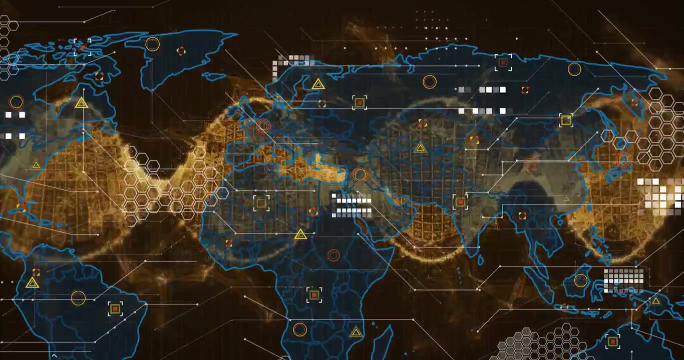 Glowing blue world map emerging from left, pulsing golden wave driving flat design data icons