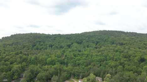 aerial shot from lake rising over thick forest covered mountain. calabogie ontario