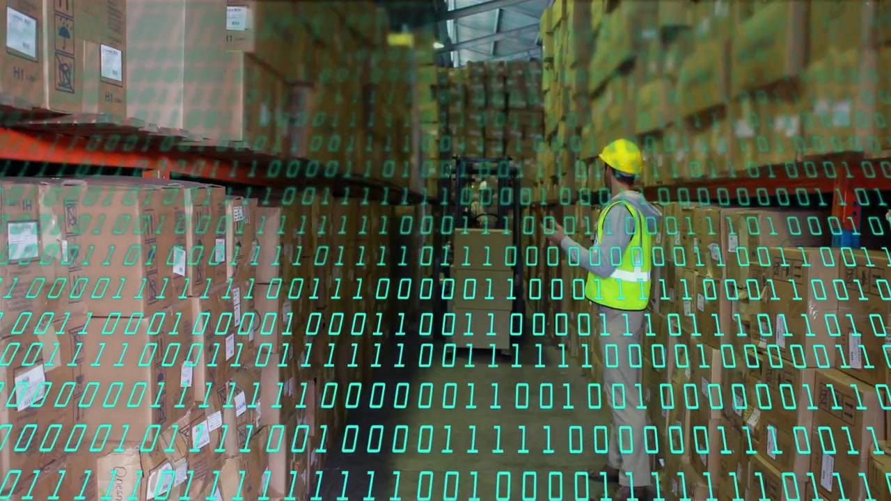 Forklift nearing, warehouse worker scanning handheld while signaling, binary overlay updating stock