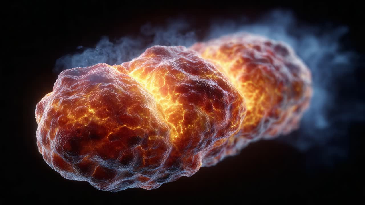 A stunning visualization of fiery, explosive energy formation showcasing intense heat and dynamic color transitions in a striking animated display of particles