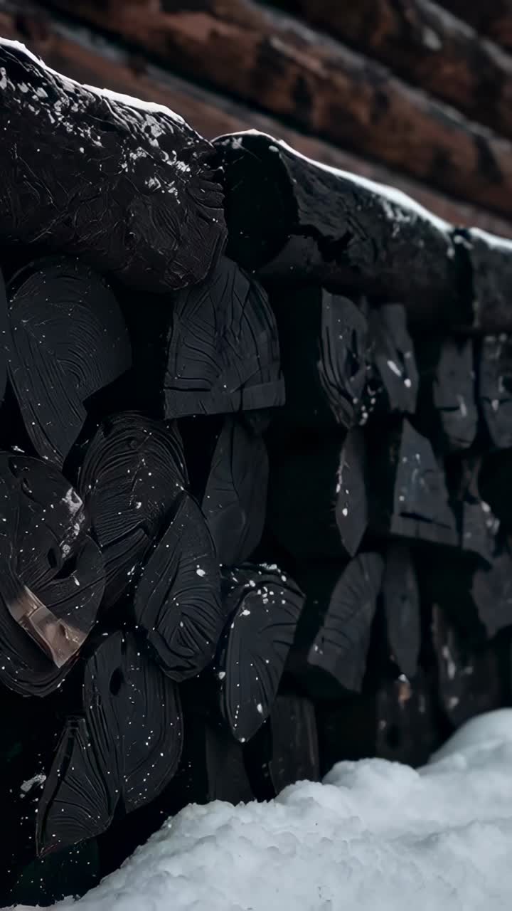 Vídeo vertical: cámara panorámica que revela leños apilados y quemados en una leñera, mostrando la viga superior y la nieve
