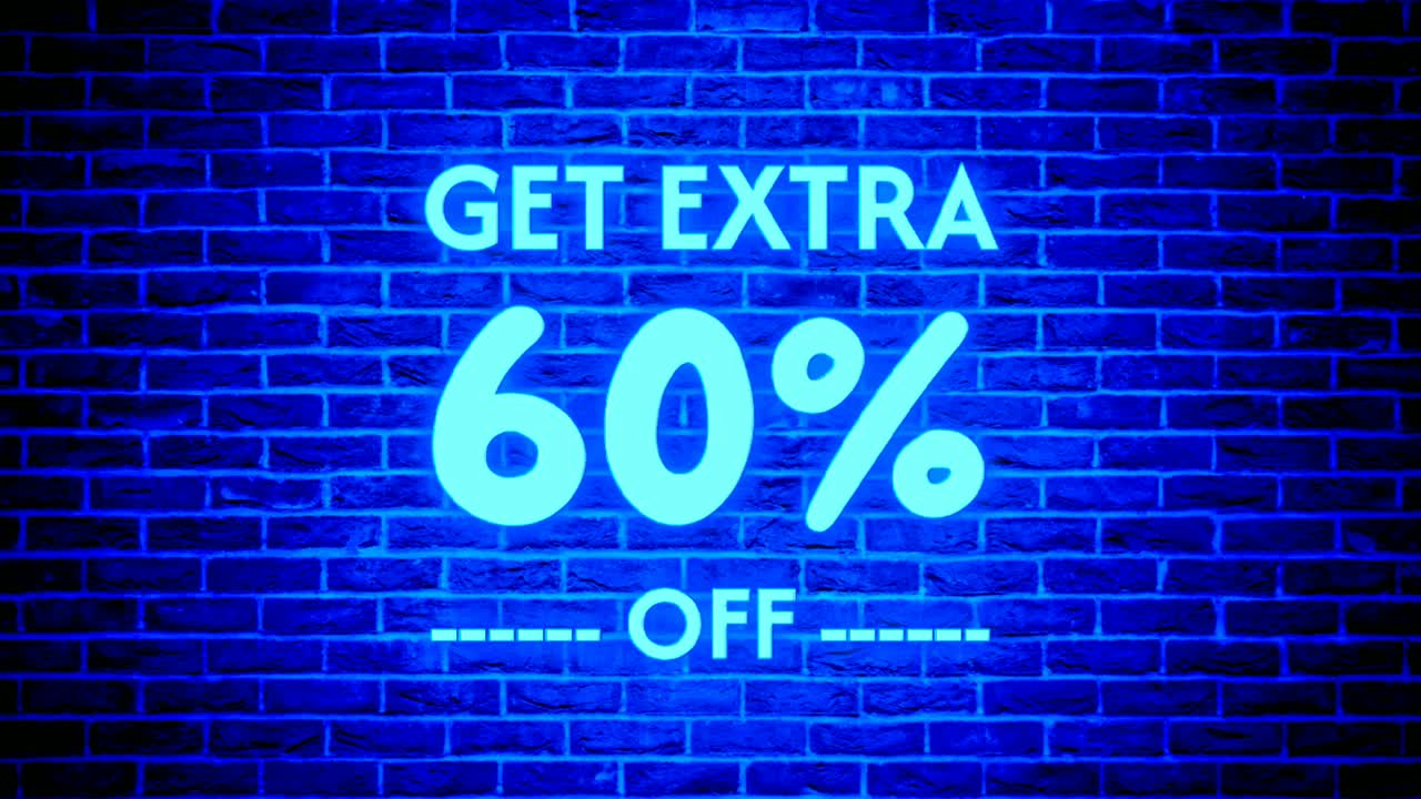 luz de neón obtener un extra de 60 por ciento de descuento caja de texto moderno banner animación gráficos en movimiento en el fondo de la pared de ladrillo