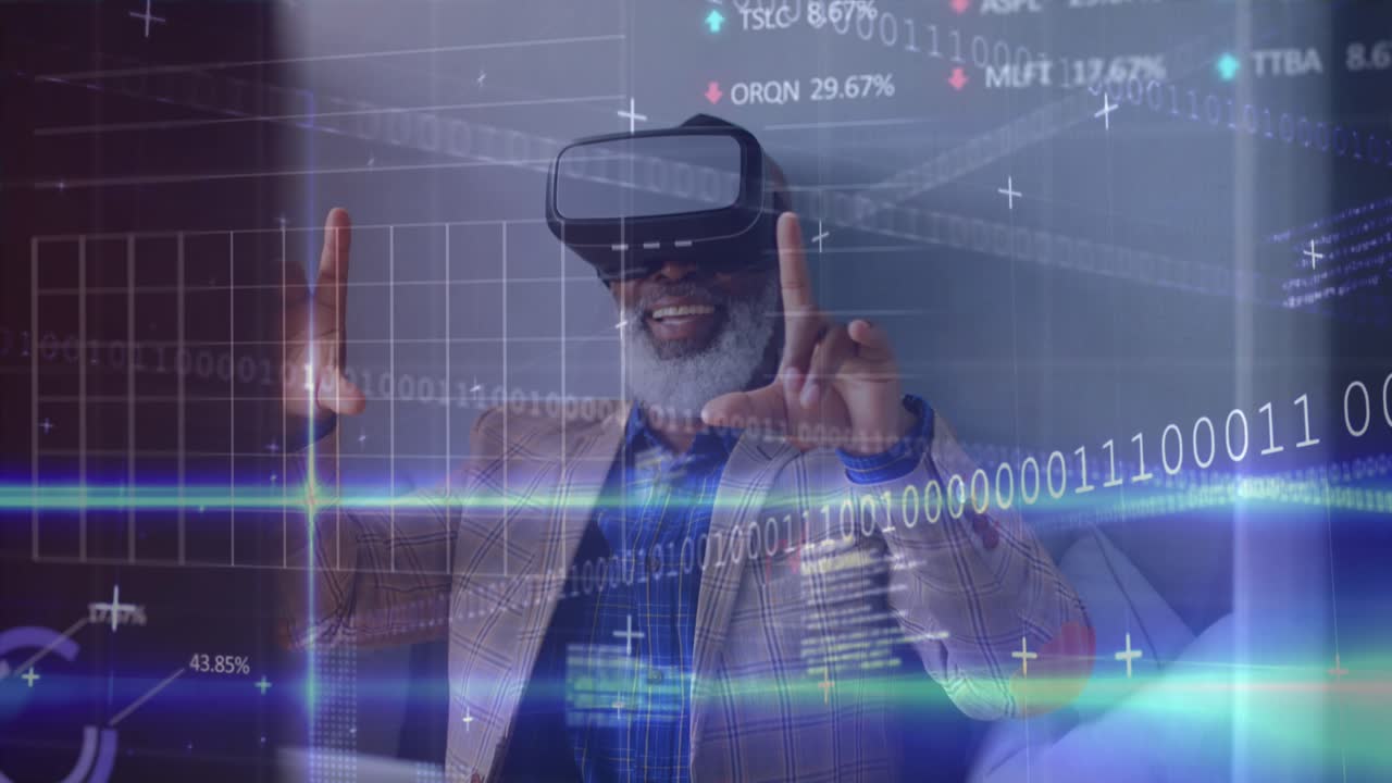 Animation of data processing over man wearing vr headset