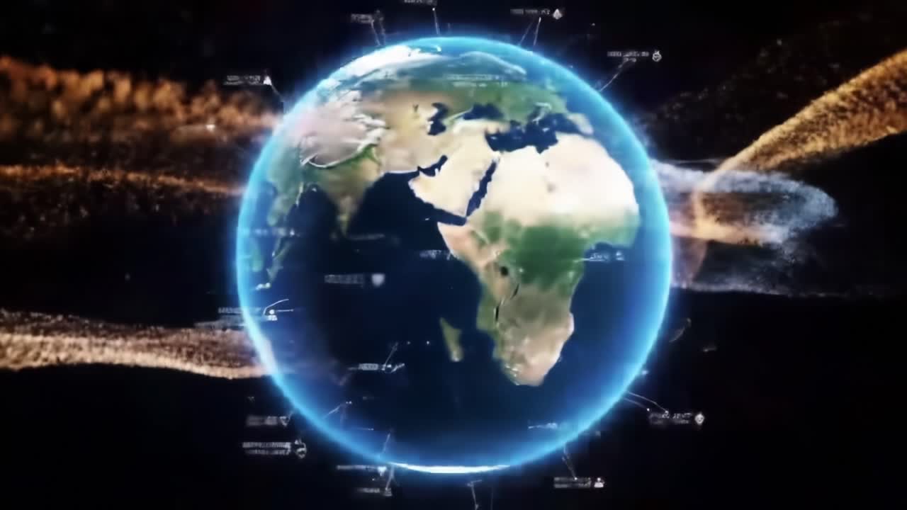 A Stunning Visualization of Earth Surrounded by Dynamic Energy Waves Representing Global Connectivity and Data Flow in the Digital Age