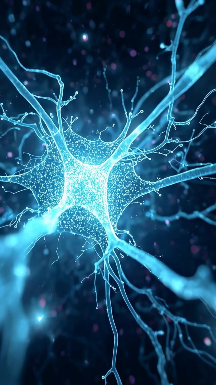 Vertical video: Sparkling on left neurite causing soma sending signal in brain, flowing beads