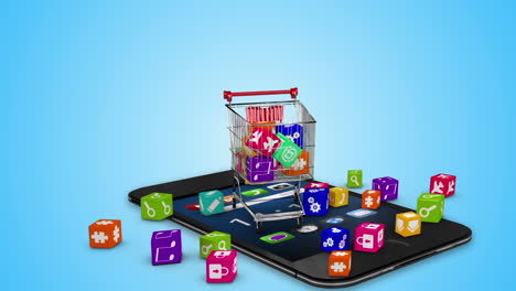 iconos cayendo en el carrito sobre fondo azul