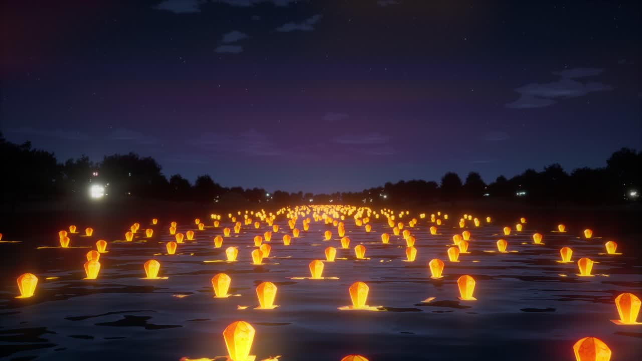 Farolillos flotando sobre el agua de noche durante un festival