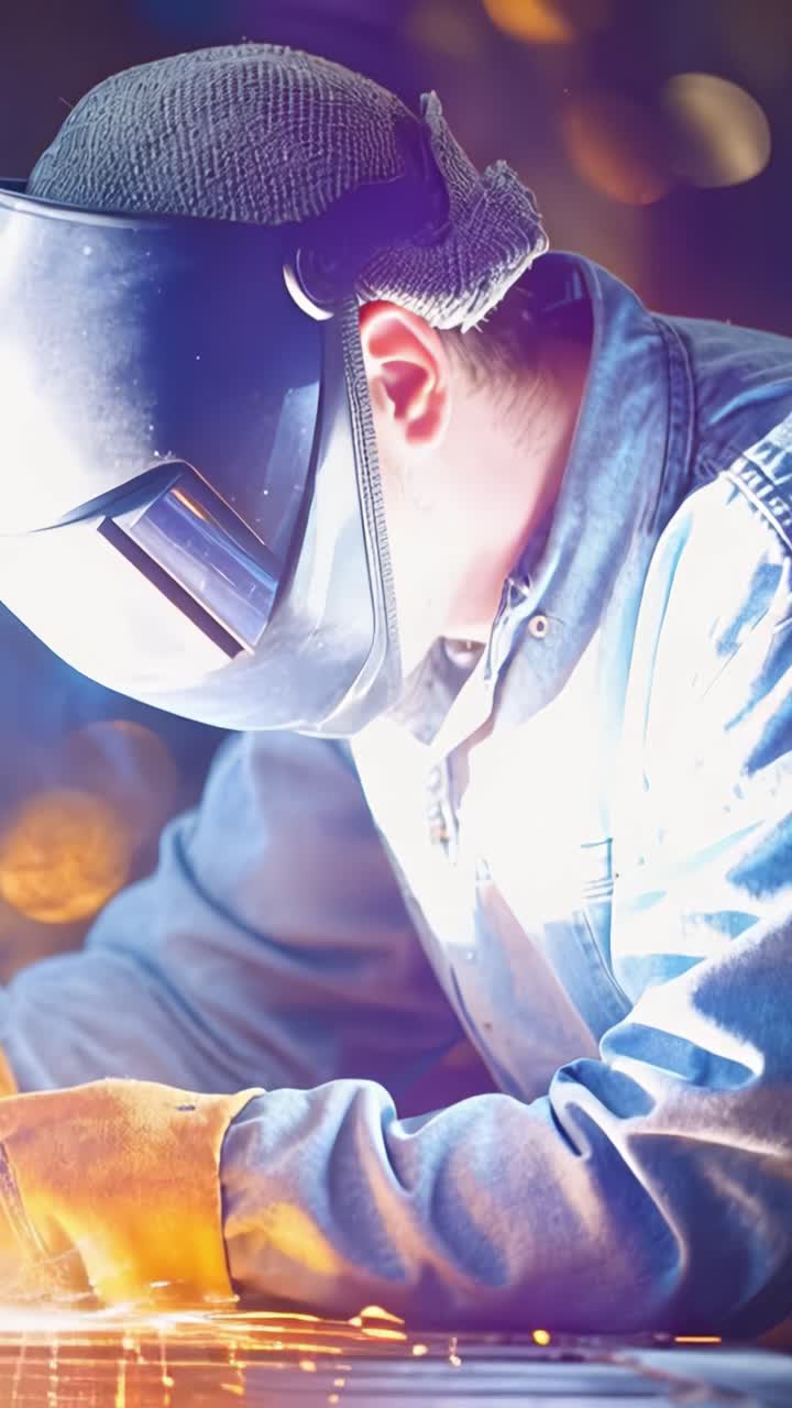 A focused welder in a dynamic workspace, showcasing craftsmanship and skill while creating sparks and transformation through welding techniques and precision movements