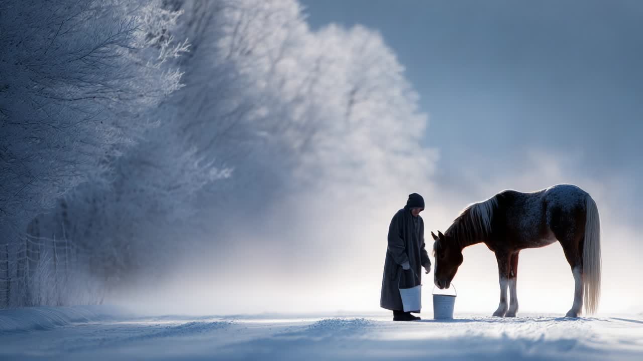 A serene winter scene where a person in a long coat stands beside a beautiful horse, providing care and nourishment amidst a snowy landscape illuminated by soft, ethereal light filtering through trees
