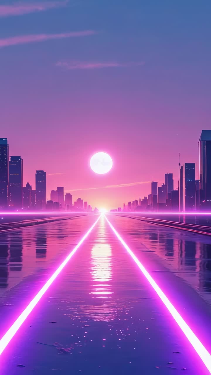 Vertical video: Showing magenta lines reflecting wet road in neon highway, glowing sun, skyscrapers