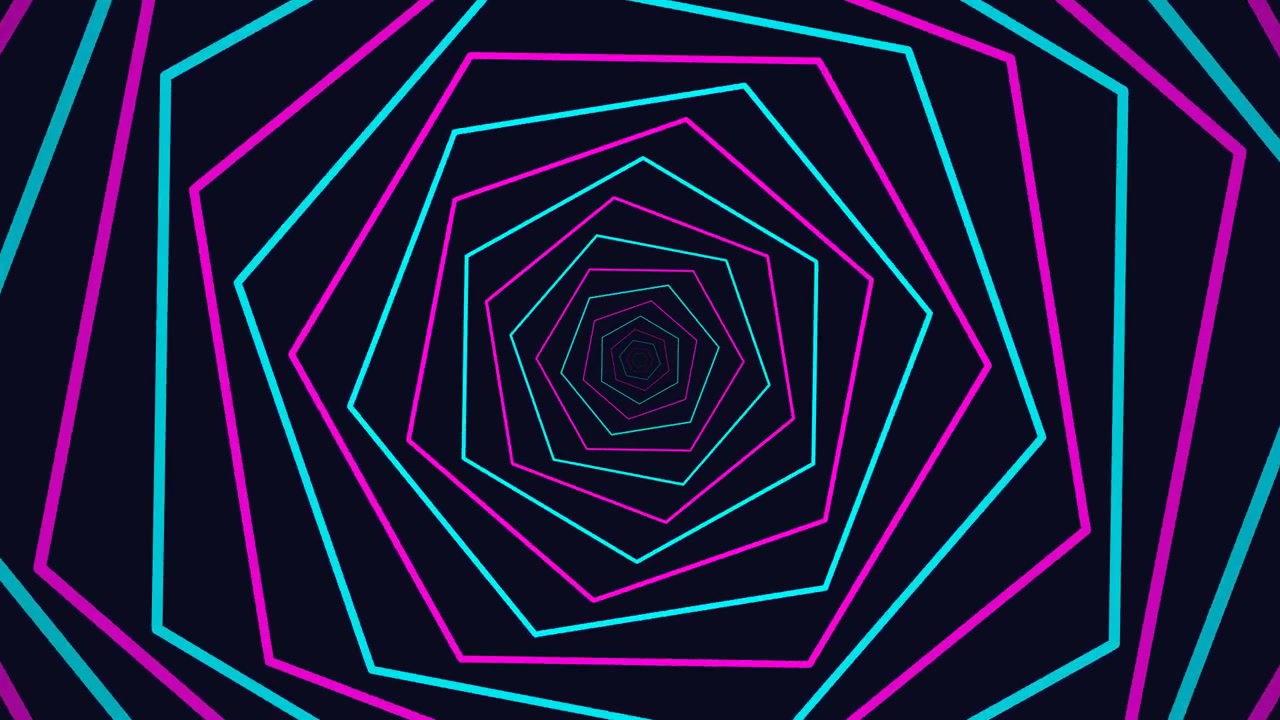 Abstrakti neonvärinen geometrinen tunnelianimaatio pyörivillä kuusikulmioilla.