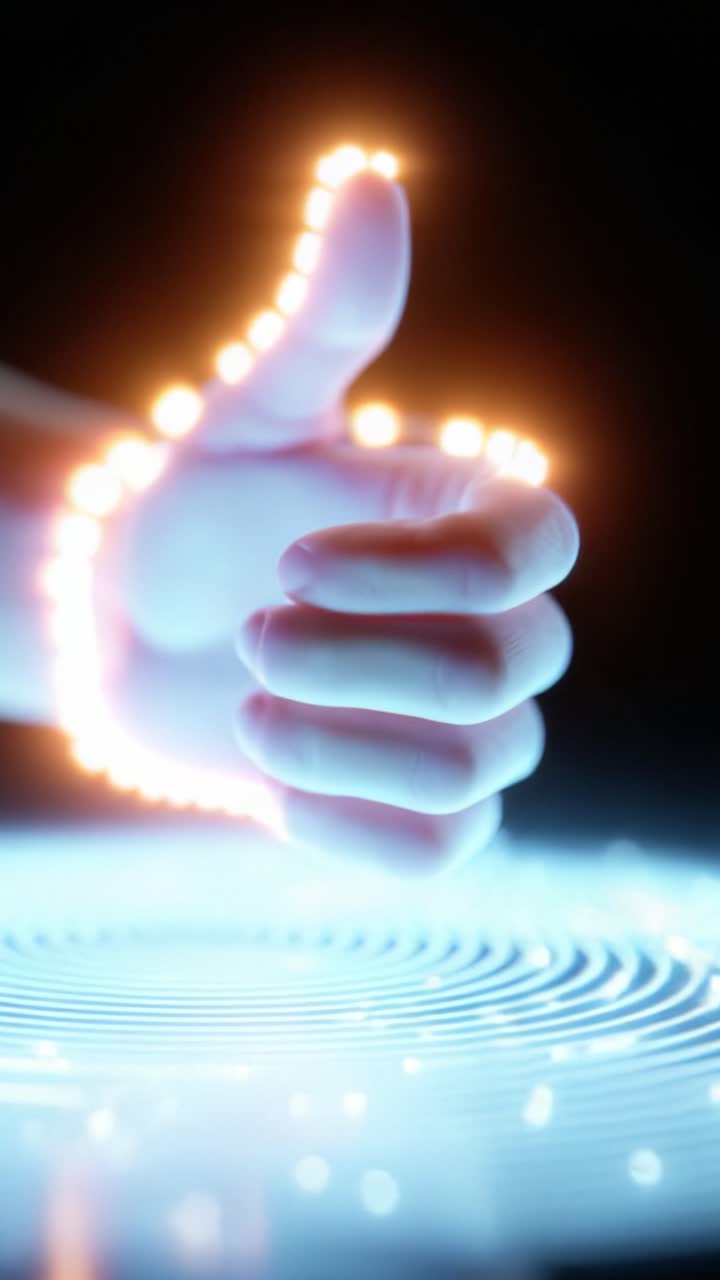 Un gesto della mano luminoso forma un segno di pollice in su, illuminato da luci soffuse in un'ambientazione futuristica, che simboleggia positività, approvazione e interazione digitale.