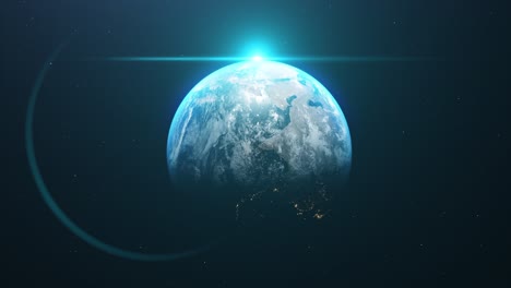 planet earth rotating view from space, with blue flaring sun